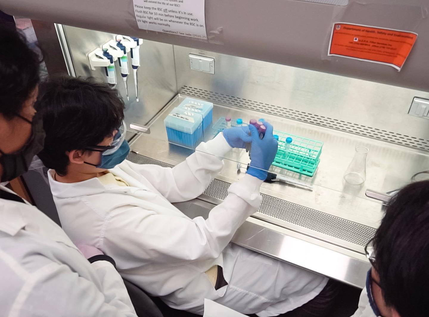 Wet lab team members learn aseptic technique to safely handle biological materials in a sterile environment.
